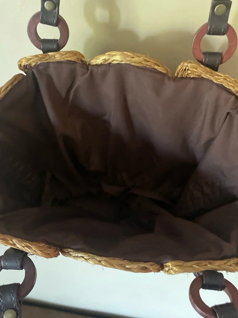 Source Unknown Natural Straw Circle-Tile Tote with Dark Brown Handles